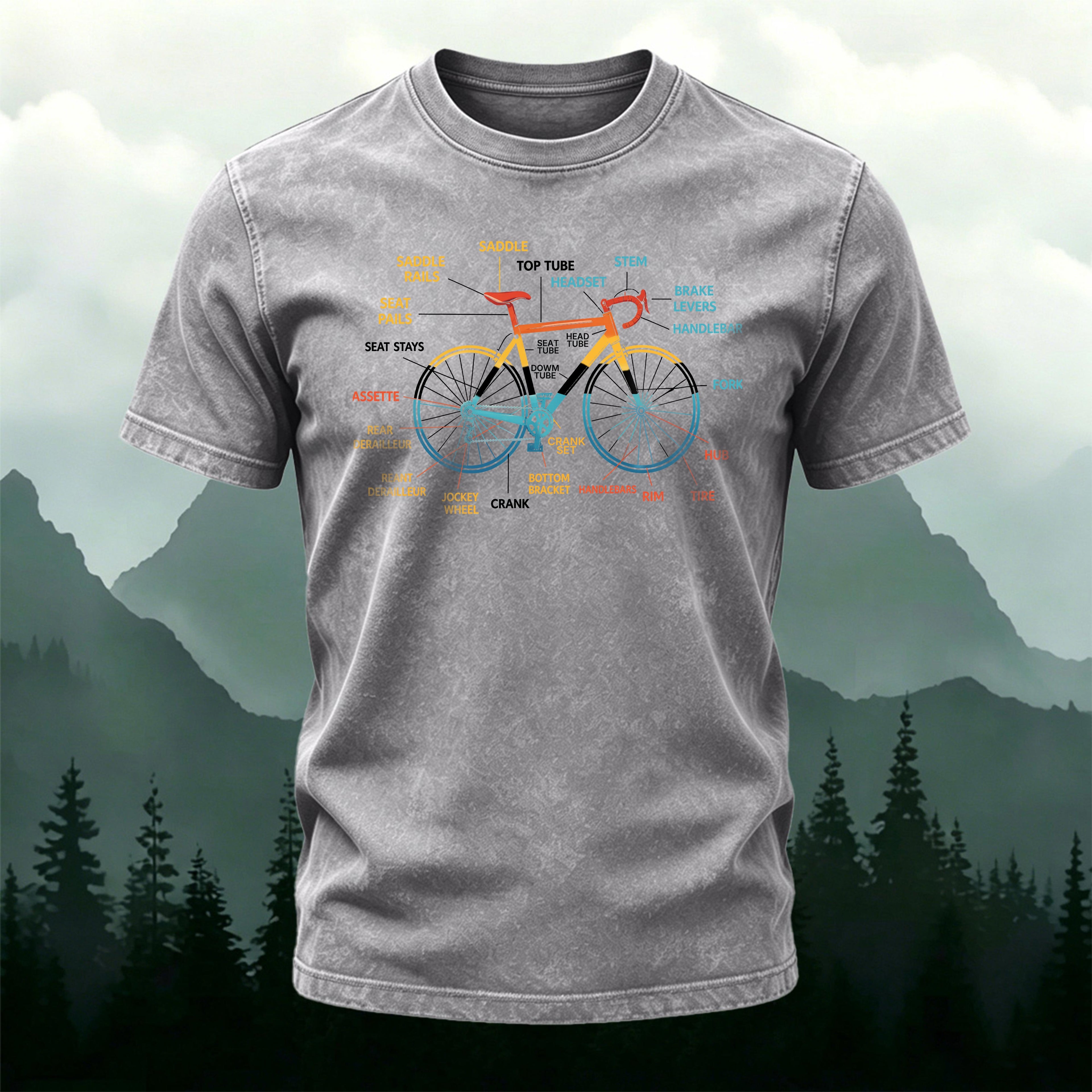 Bicycle Motif Printed Casual Washed Cotton T-Shirt