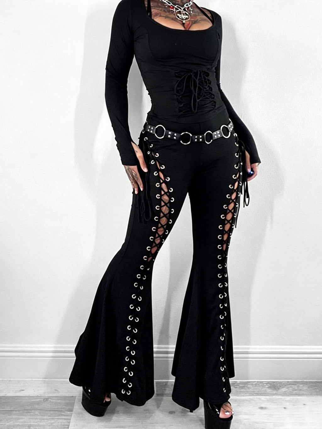 Dark Street Fashion Strap Bell-Bottom Pants