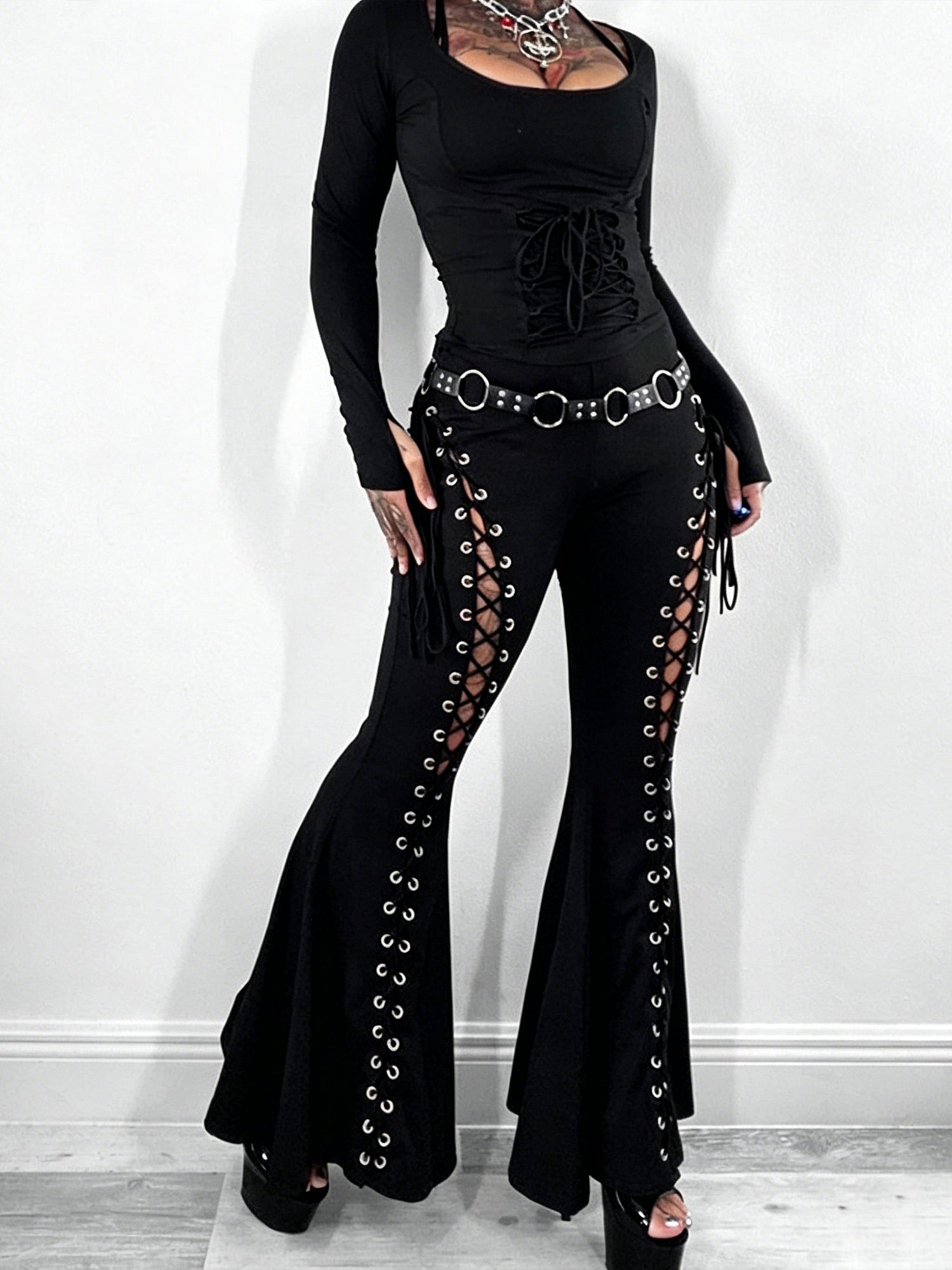 Dark Street Fashion Strap Bell-Bottom Pants
