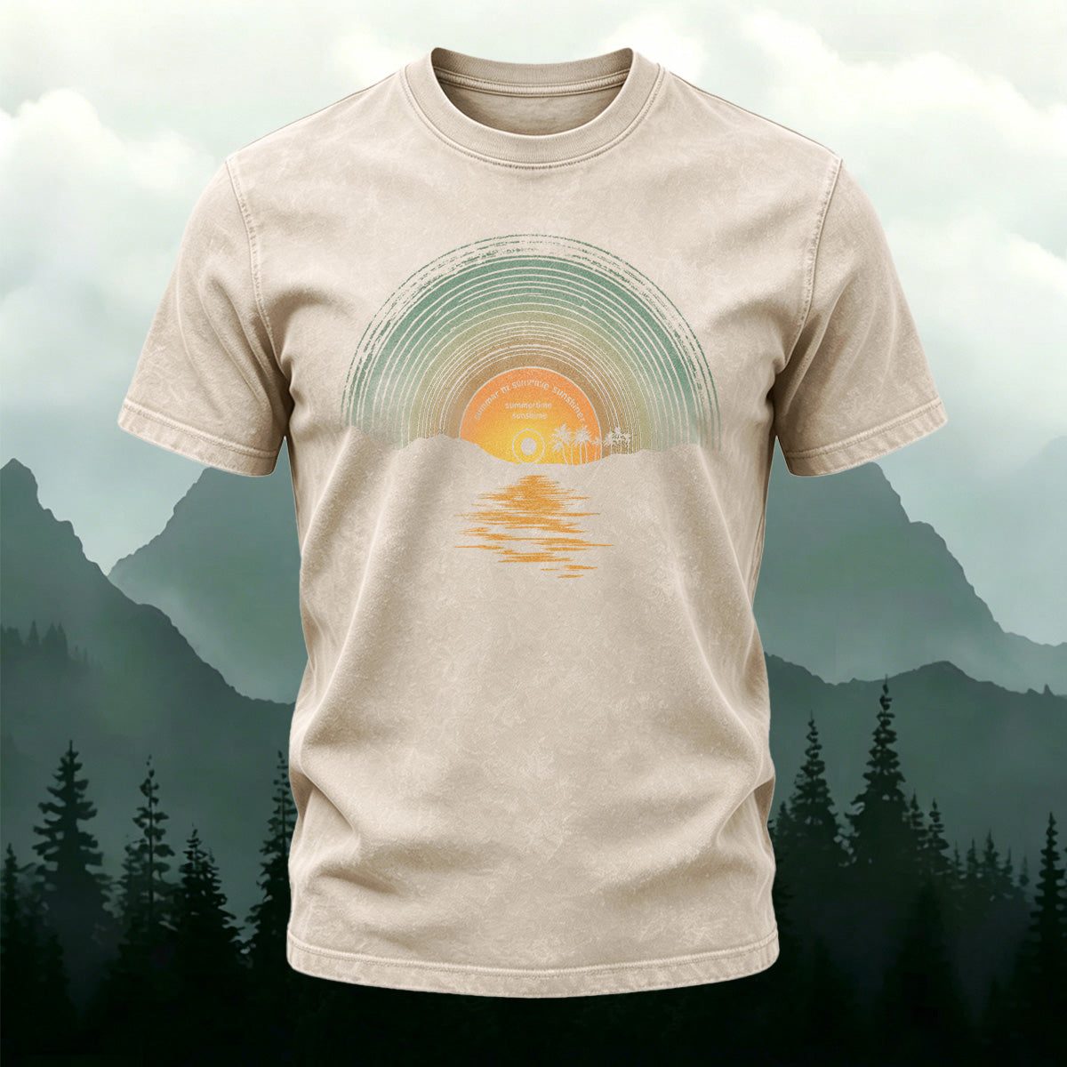 Sunset Pattern Street Casual Washed Cotton T-Shirt