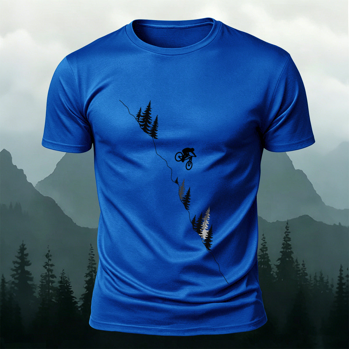 Mountain and Forest Cycling Silhouette Print  Cotton Outdoor T-Shirt