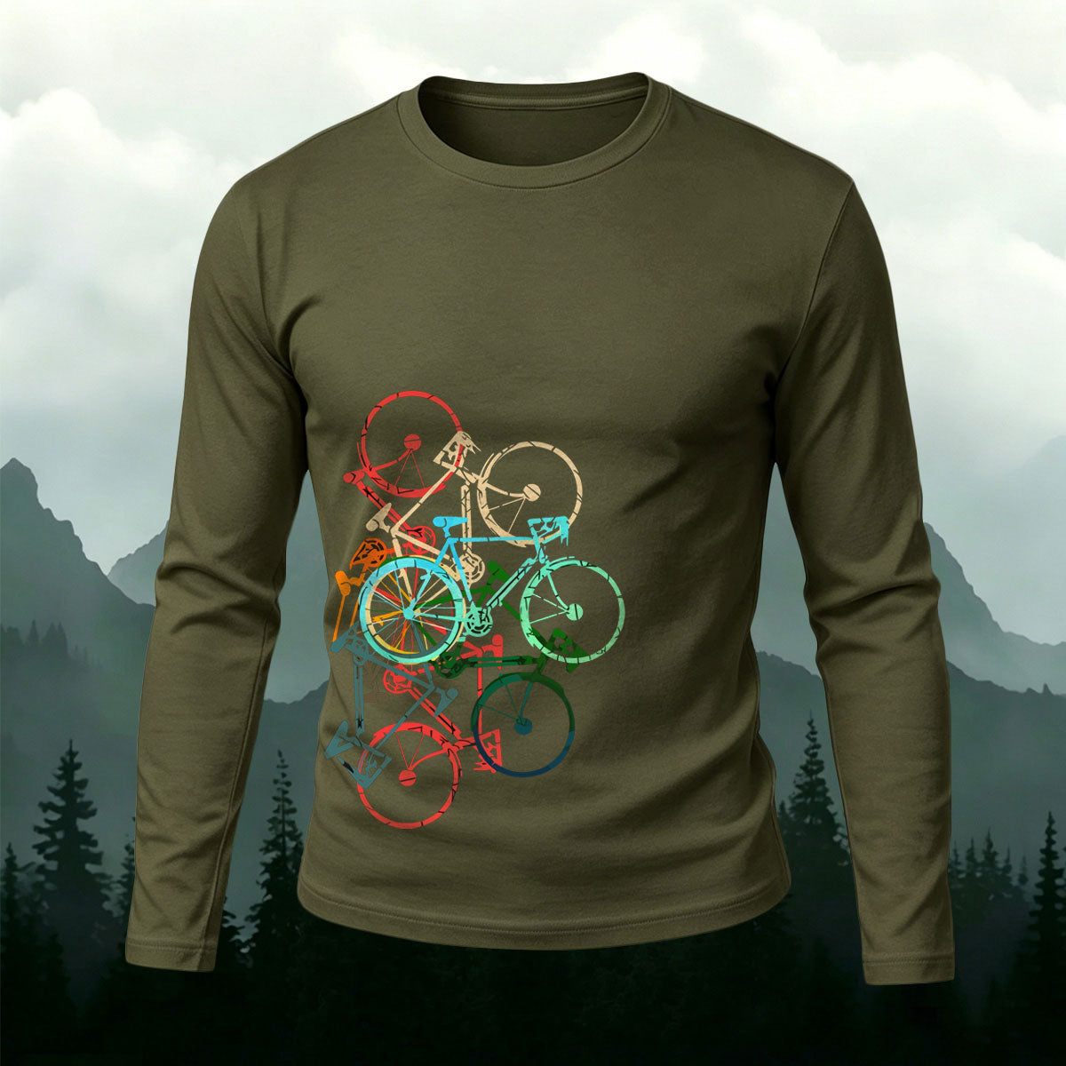 Colorful Bicycle Print Casual Cotton Long-Sleeve T-Shirt