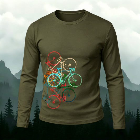 Colorful Bicycle Print Casual Cotton Long-Sleeve T-Shirt