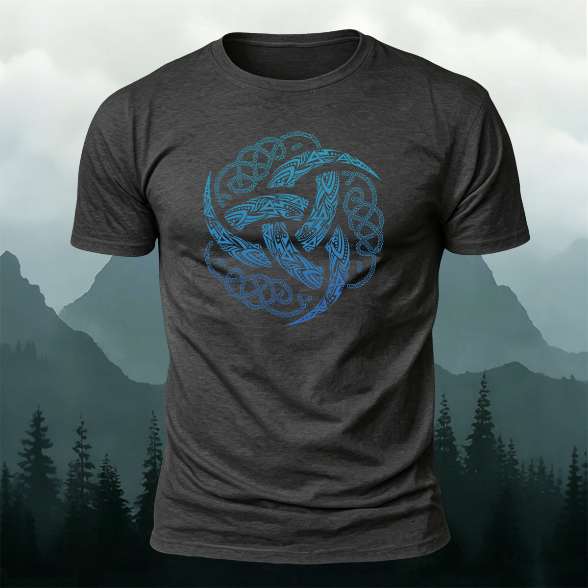 Viking Mythology Totem Print Casual Cotton T-Shirt Dark Grey