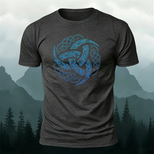 Viking Mythology Totem Print Casual Cotton T-Shirt Dark Grey