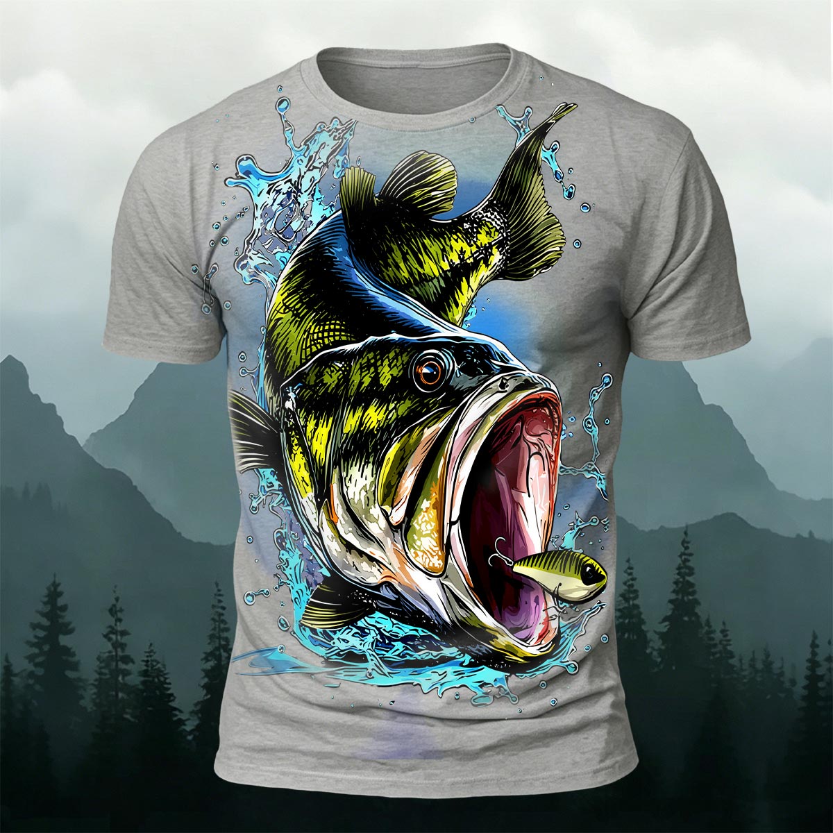 Black Fish Pattern Casual Graffiti Polyester T-Shirt Grey