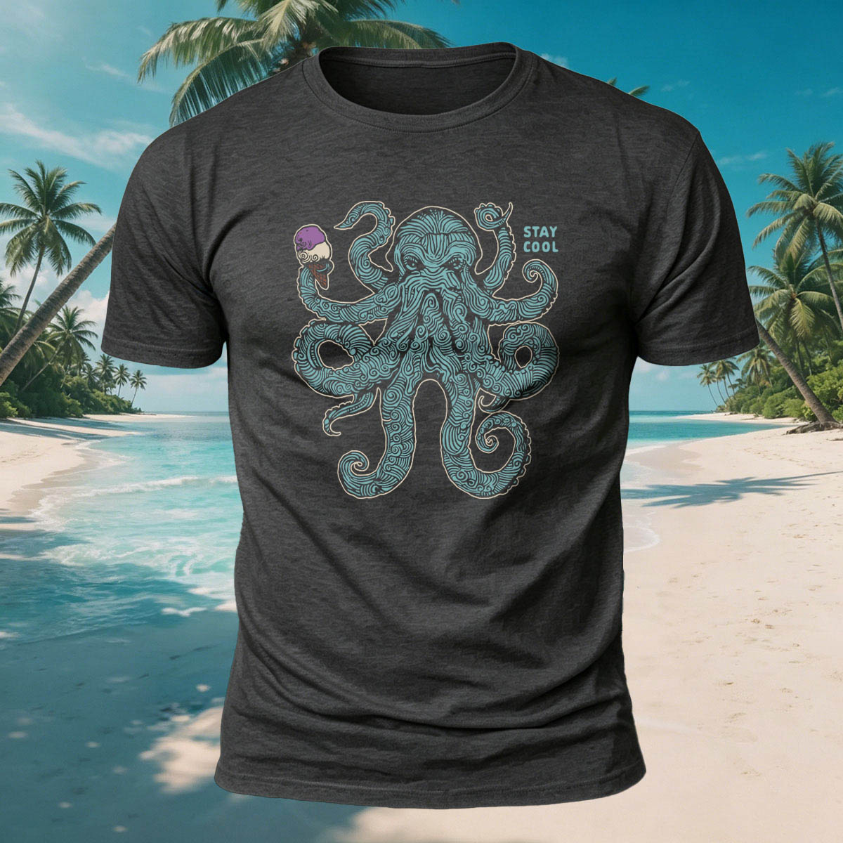 Octopus Eating Ice Cream Print Versatile Breathable Cotton Tee
