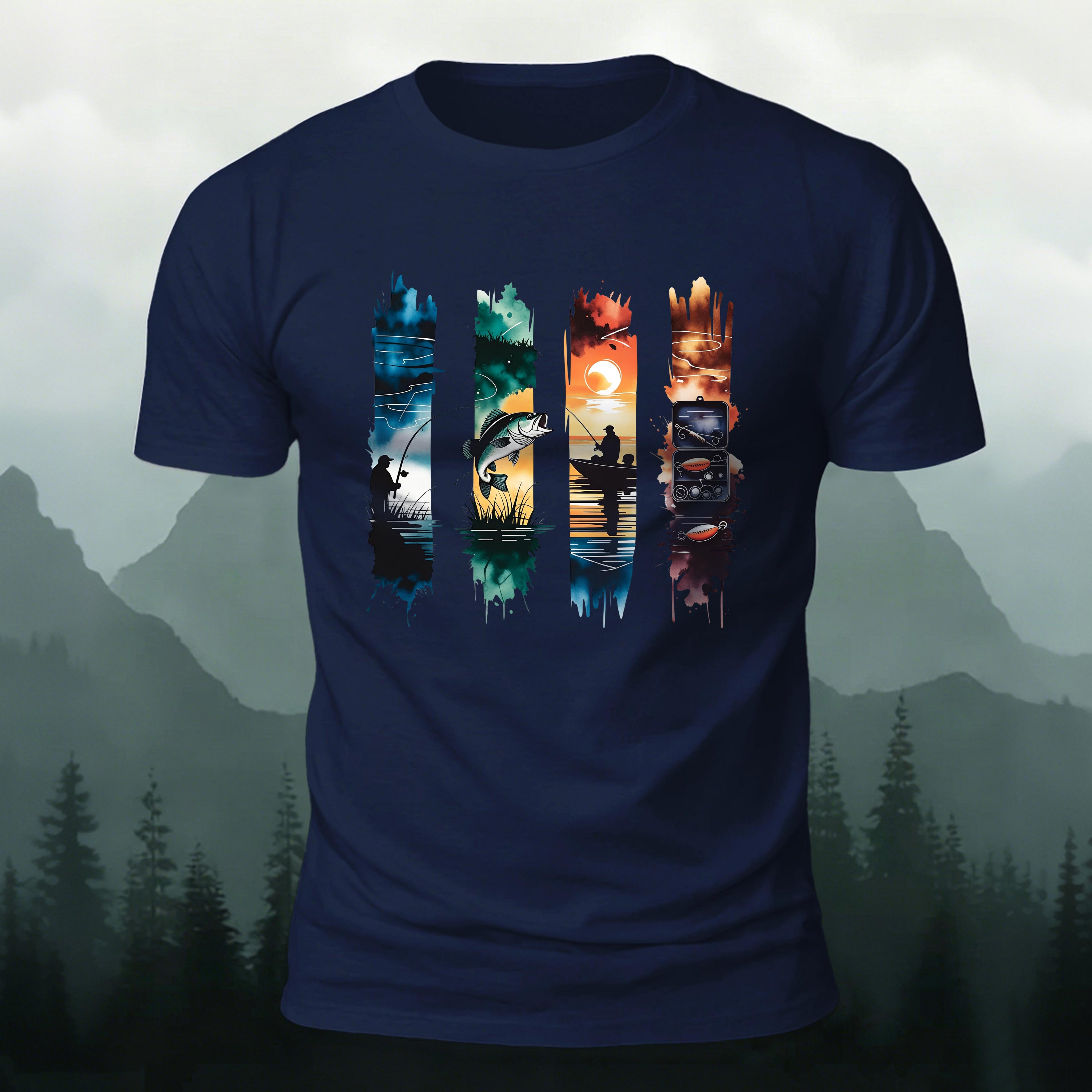 Outdoor Fishing Print Natural Style Skin-Friendly T-Shirt Navy