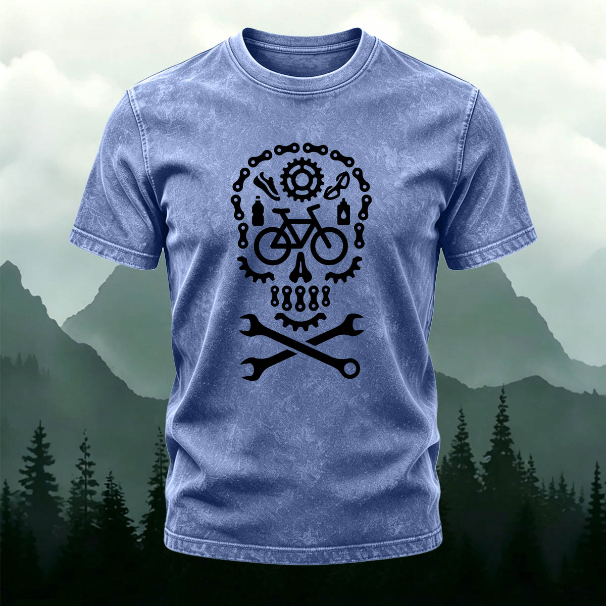 Cycling Fun Skull Casual Washed Cotton T-Shirt