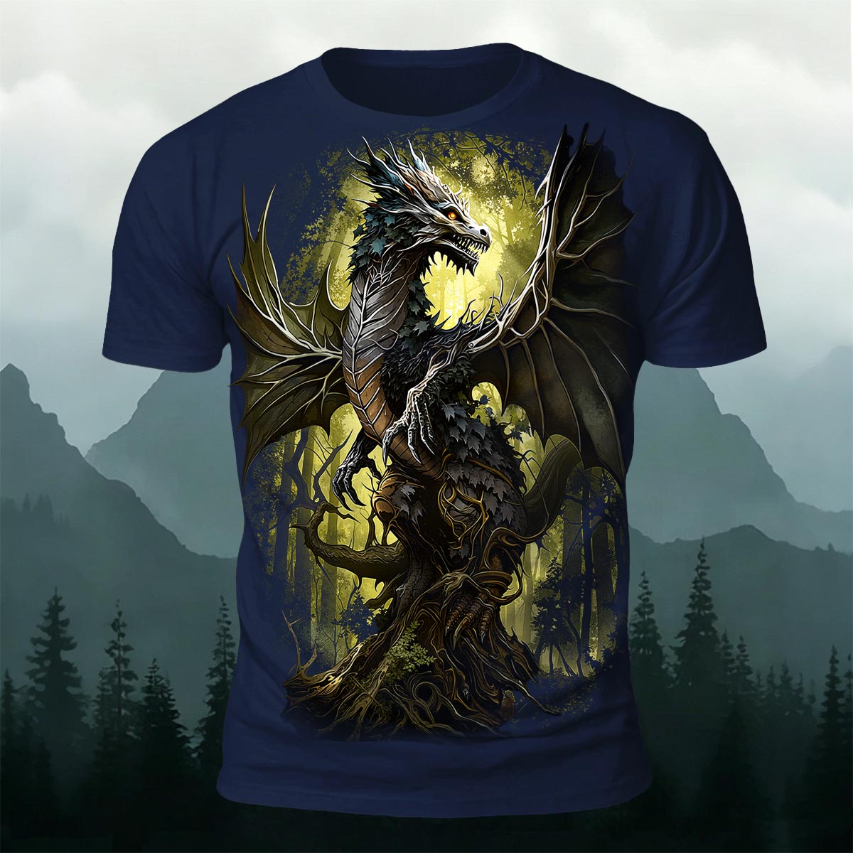 Retro Forest Dragon Print Outdoor 100% Cotton T-Shirt Navy