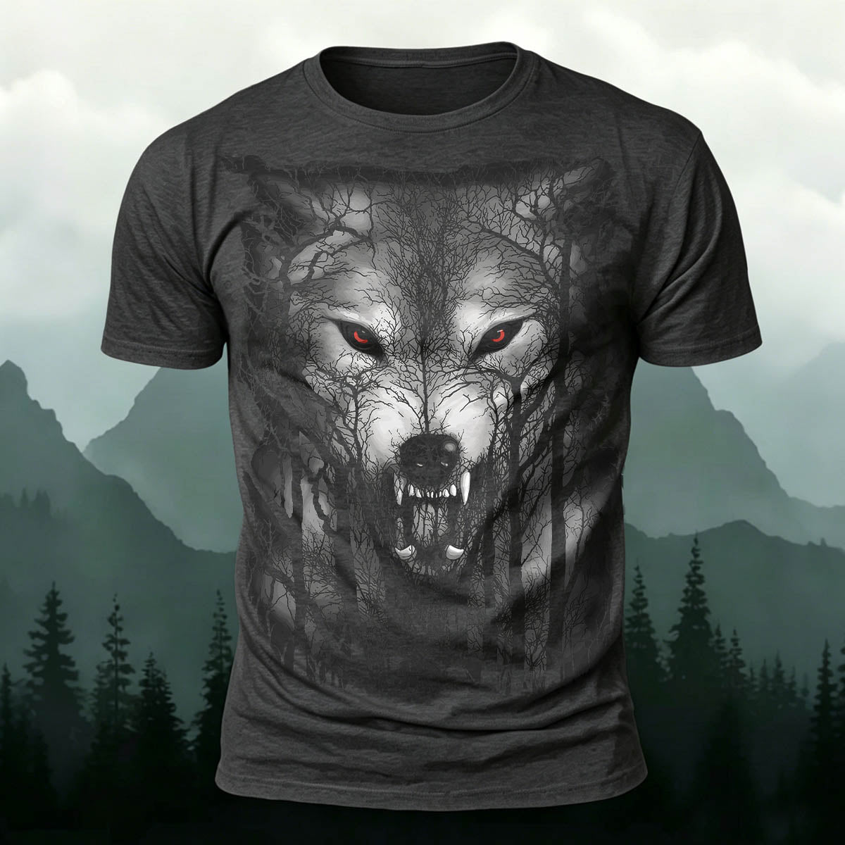 Dark Forest Wolf King Printed Casual Cotton T-Shirt Dark Grey