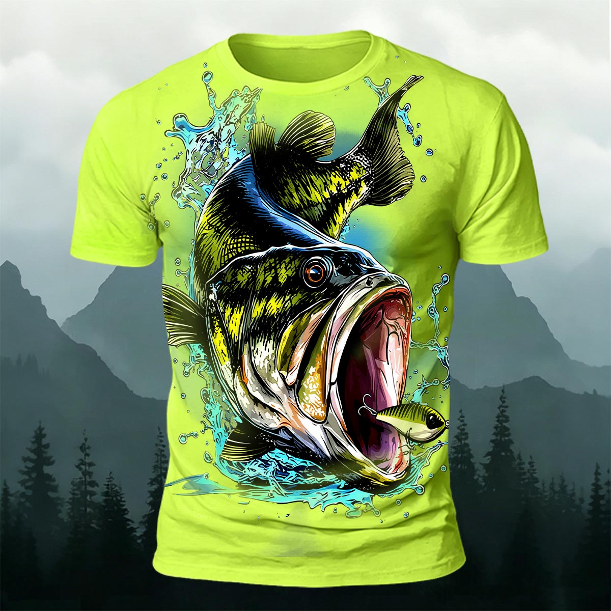 Black Fish Pattern Casual Graffiti Polyester T-Shirt NG