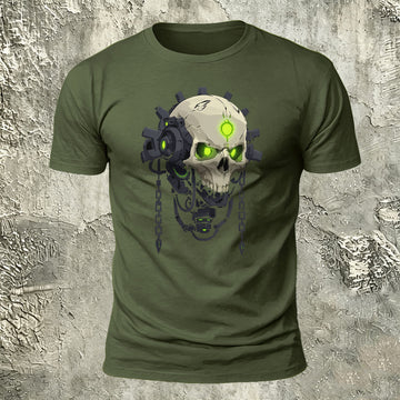 Mechanical Skull Print Cotton Crew Neck T-Shirt