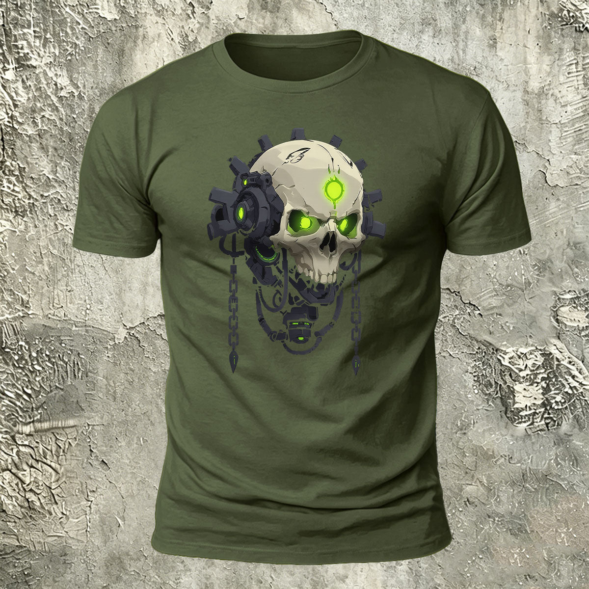 Mechanical Skull Print Cotton Crew Neck T-Shirt