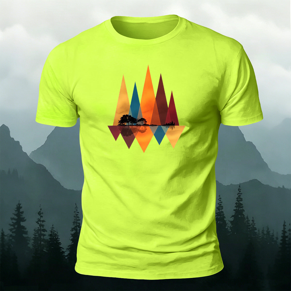 Geometric Mountain Reflection Print Cotton T-Shirt