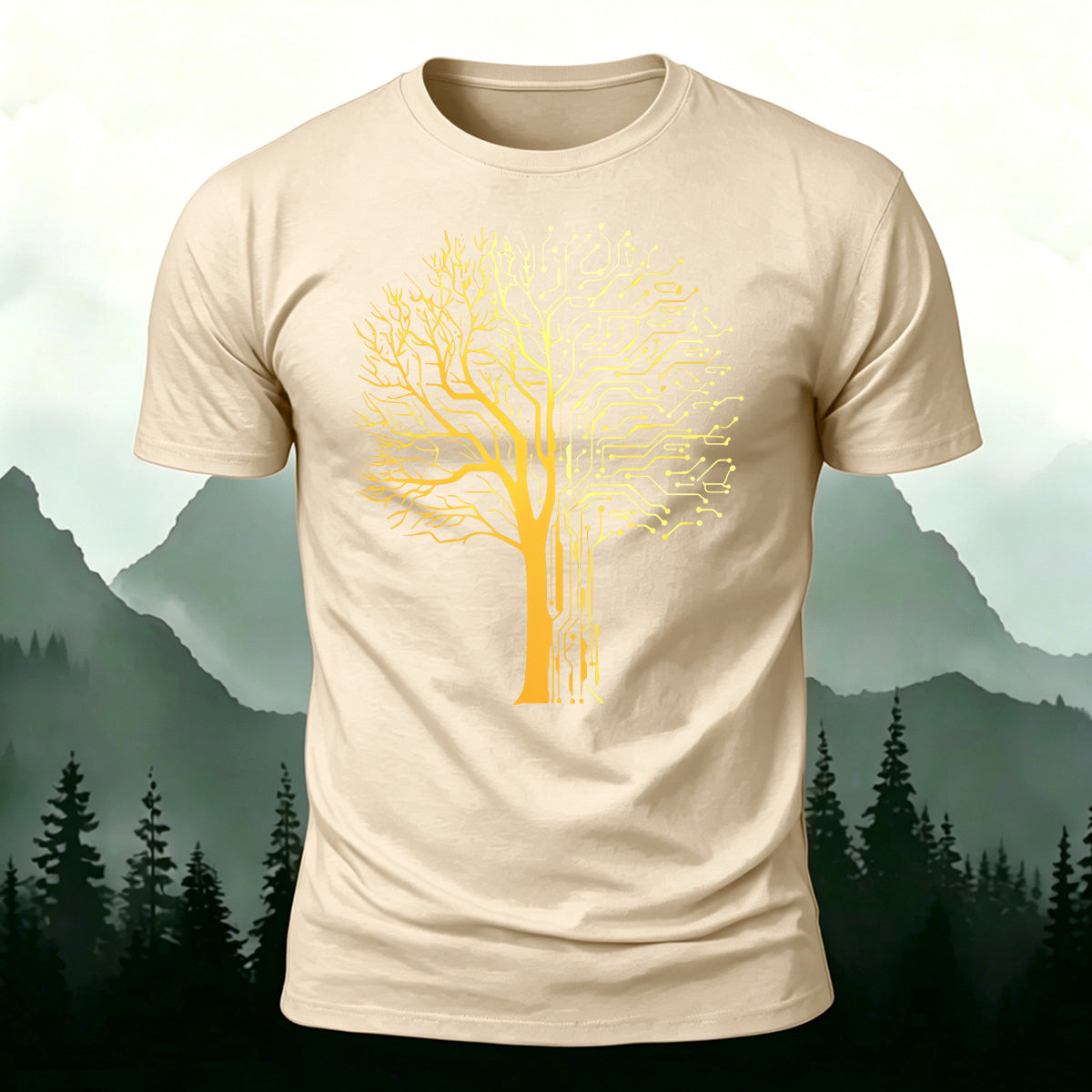 Tech-inspired tree print combed cotton T-shirt Beige