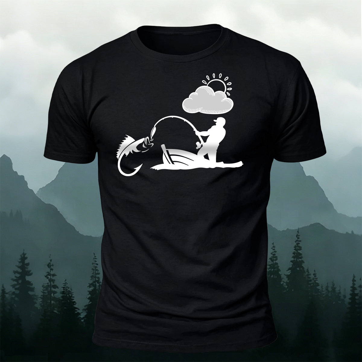 Outdoor Fishing Silhouette Print  Round-Neck Cotton T-Shirt