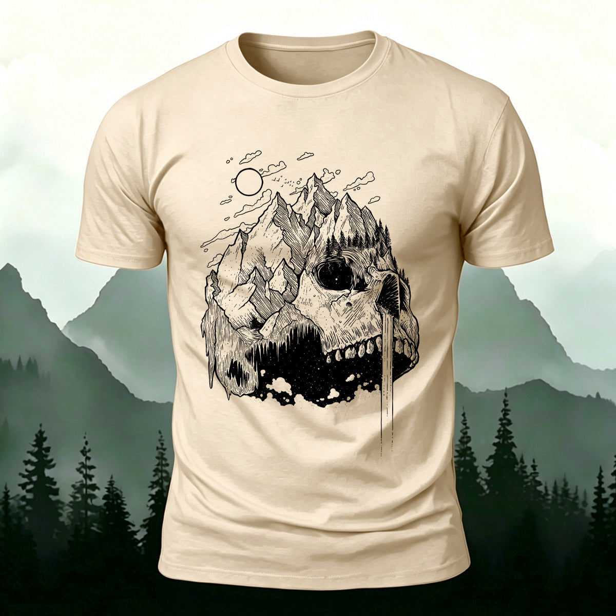 Creative Mountain-Shaped Skull Skin-Friendly T-Shirt Beige