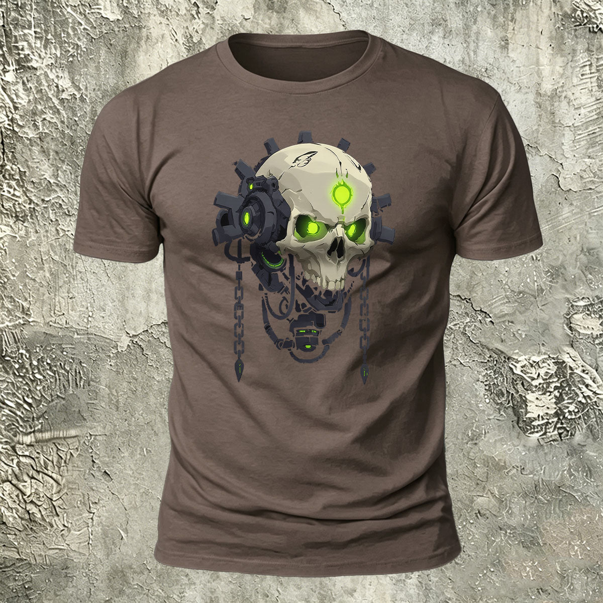 Mechanical Skull Print Cotton Crew Neck T-Shirt