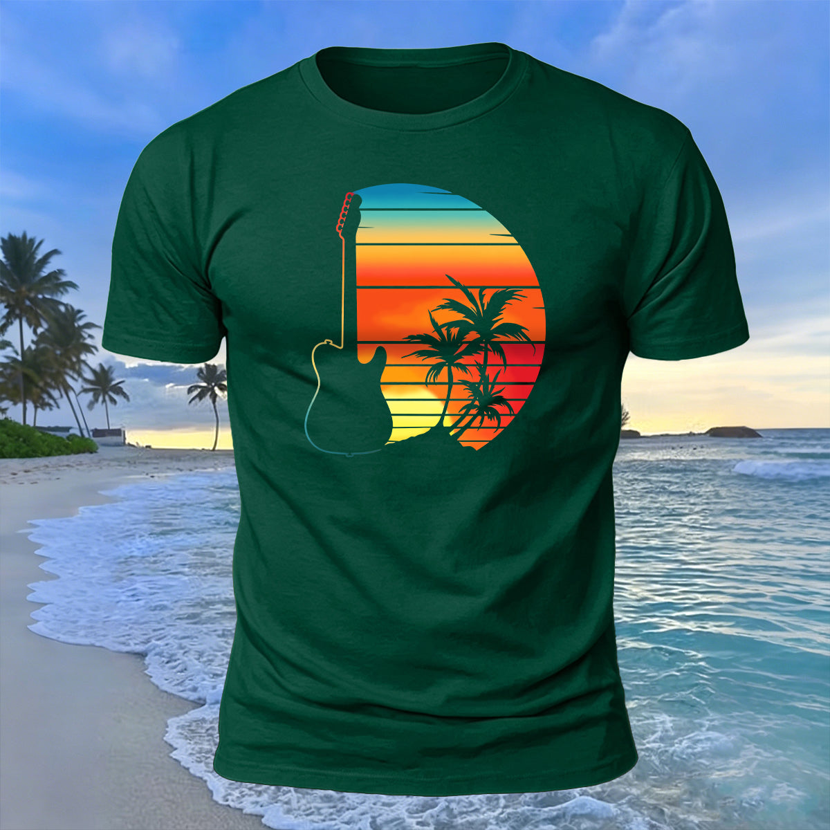 Beach Sunset Openwork Guitar Print Cotton T-Shirt
