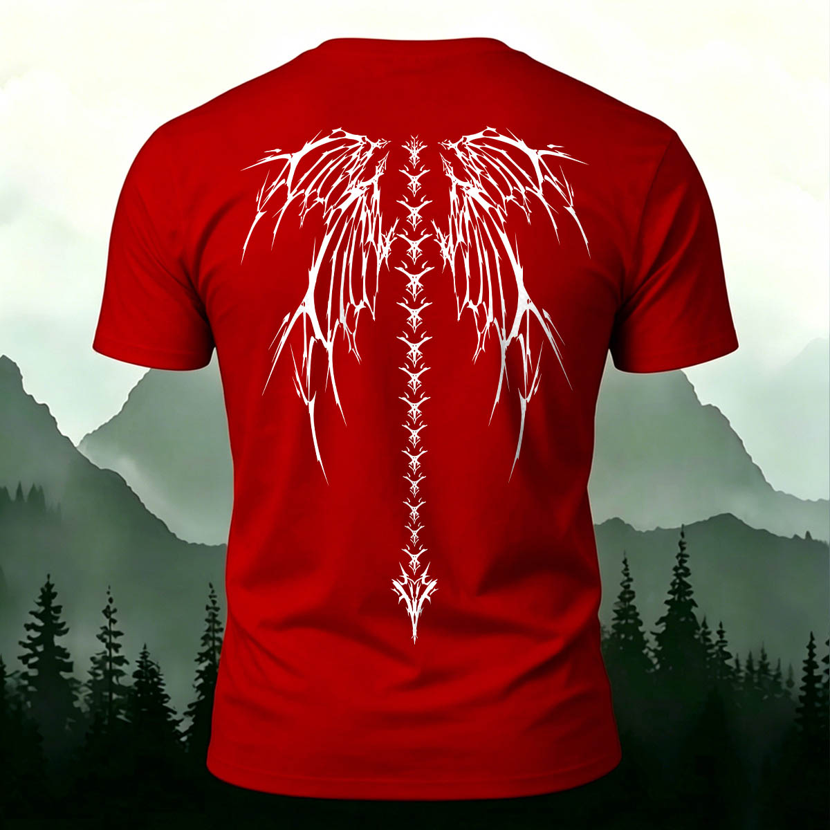 Dark-Style Devil Wings Spine Print Casual Cotton T-Shirt