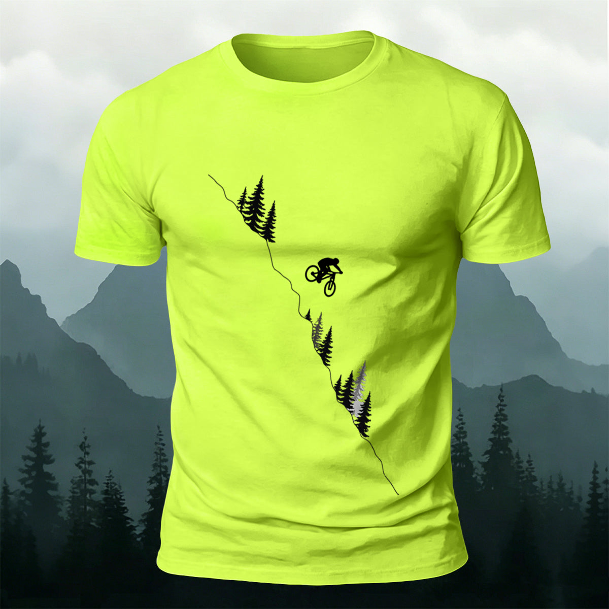 Mountain and Forest Cycling Silhouette Print  Cotton Outdoor T-Shirt