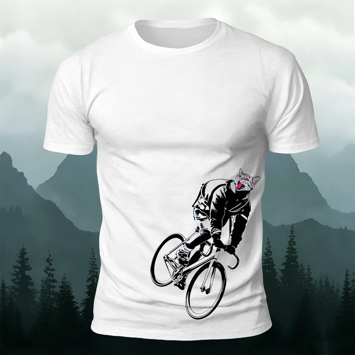 Red-Eyed Handsome Cat Cycling Series Printed Cotton T-Shirt