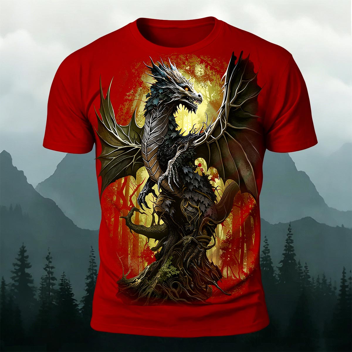 Retro Forest Dragon Print Outdoor 100% Cotton T-Shirt Red
