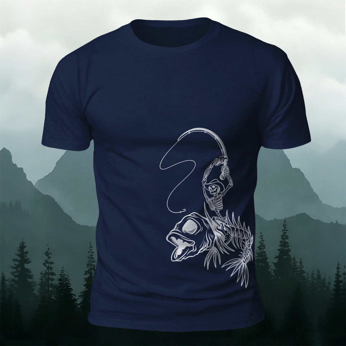 Fishbone Fishing Series Printed Round-Neck Cotton T-Shirt