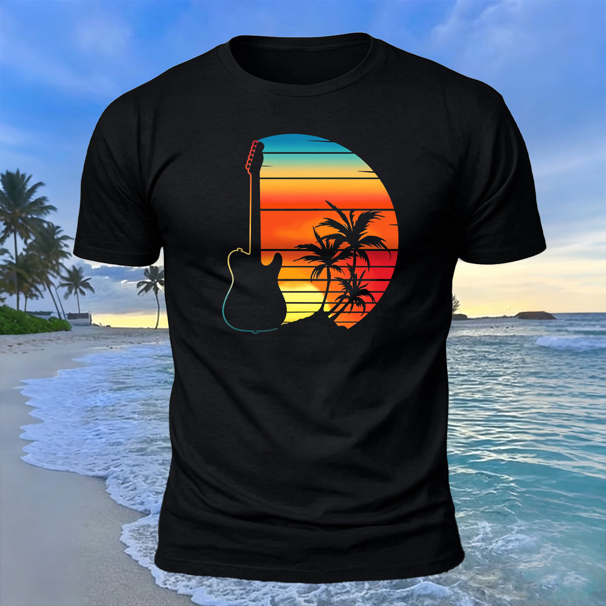 Beach Sunset Openwork Guitar Print Cotton T-Shirt