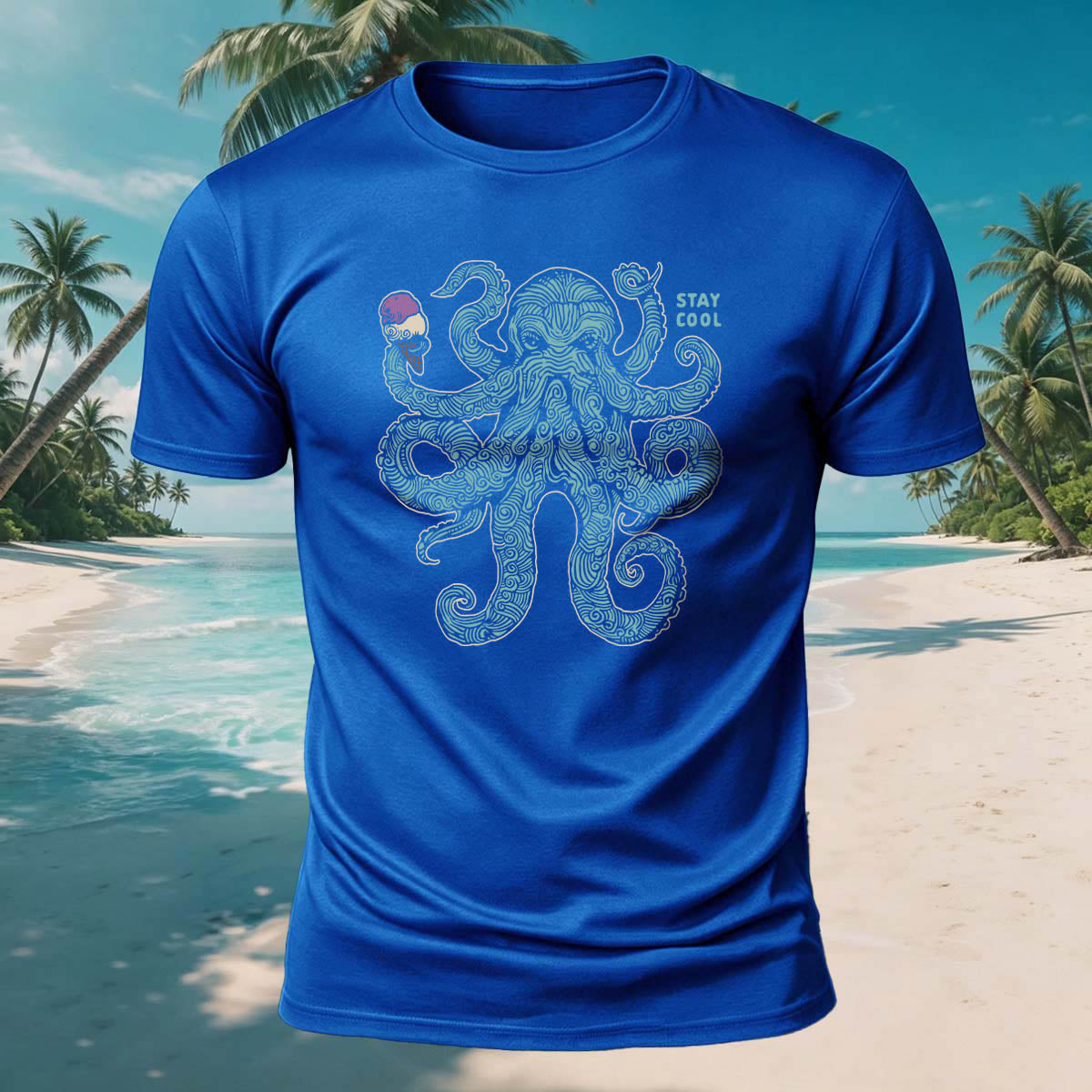 Octopus Eating Ice Cream Print Versatile Breathable Cotton Tee