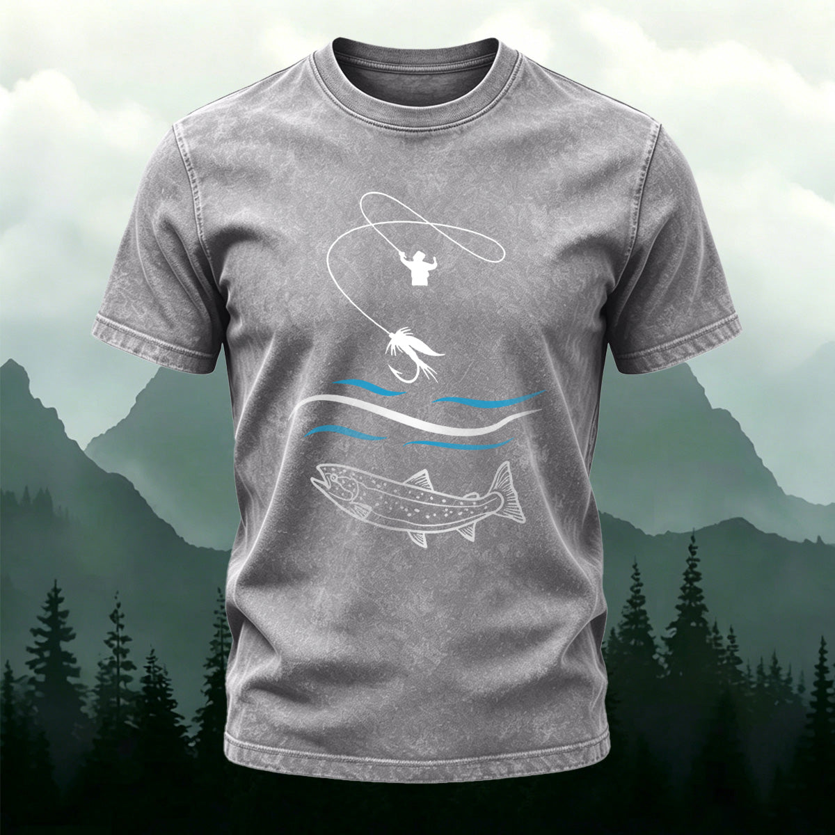 Fishing Pattern Natural Style Ultra-soft Fabric T-Shirt Light Grey