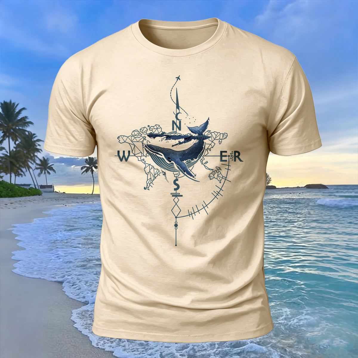 Creative Whale Compass Print 100% Cotton Soft-Touch T-Shirt