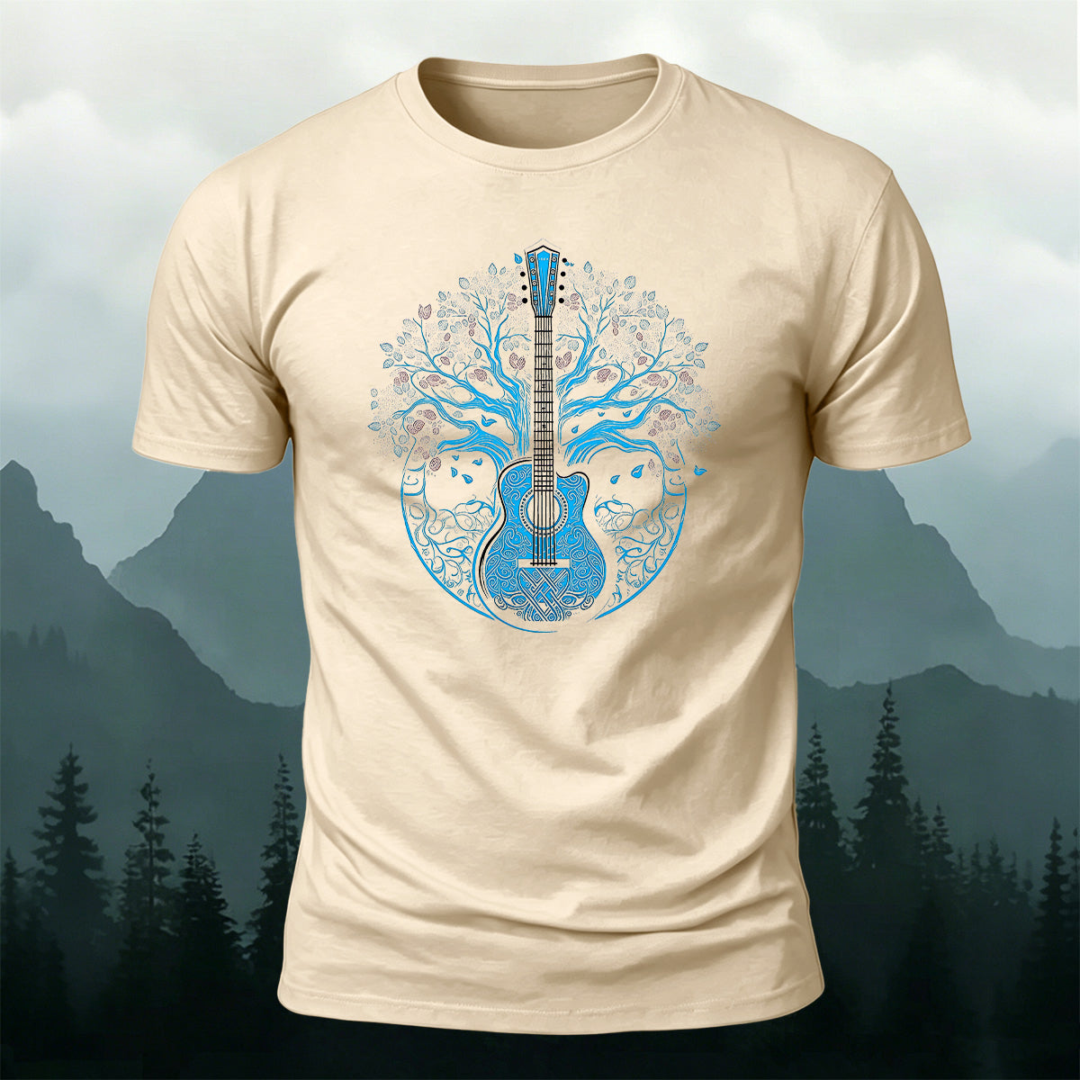 Guitar God Tree Trend-Print Casual Cotton T-Shirt