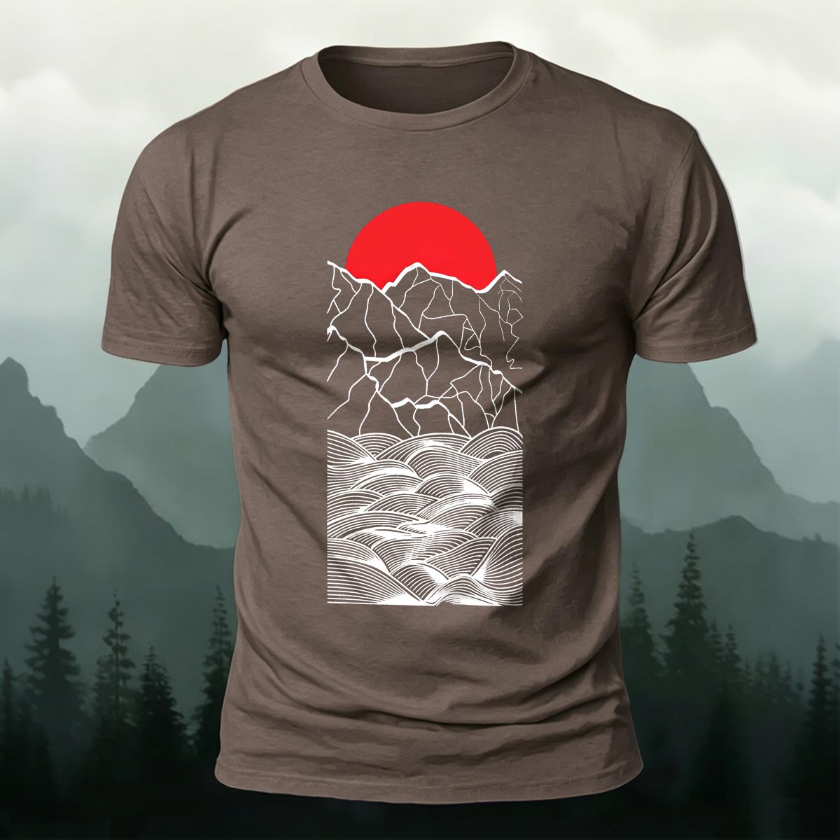 Forest Sunset Mountain Print Casual Cotton T-Shirt
