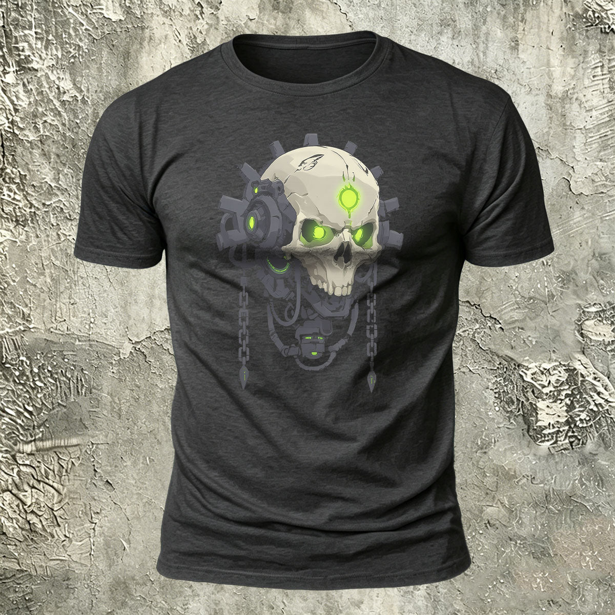 Mechanical Skull Print Cotton Crew Neck T-Shirt