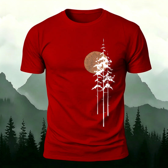 Retro Sunset Pine Tree Print Cotton T-Shirt Red