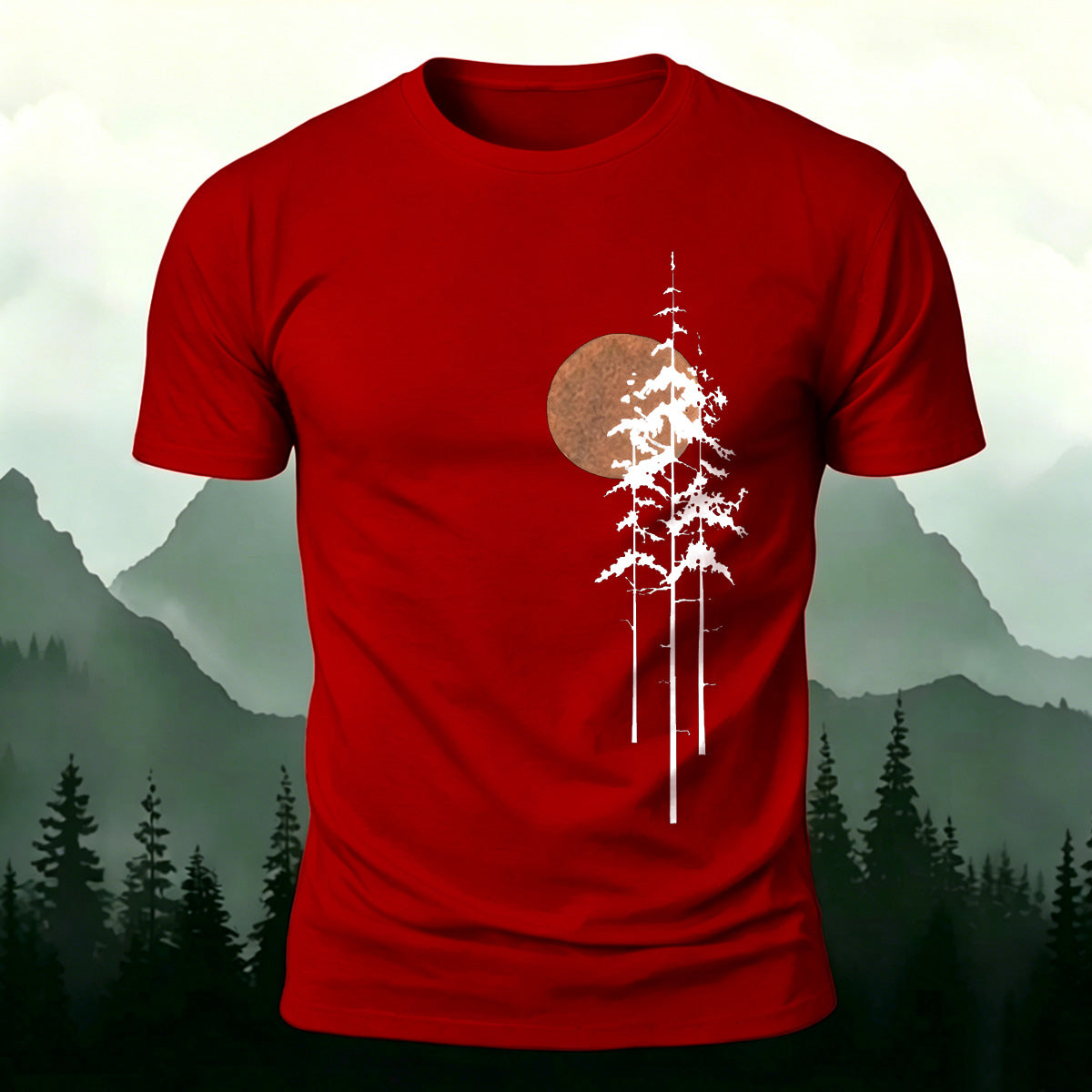 Retro Sunset Pine Tree Print Cotton T-Shirt Red