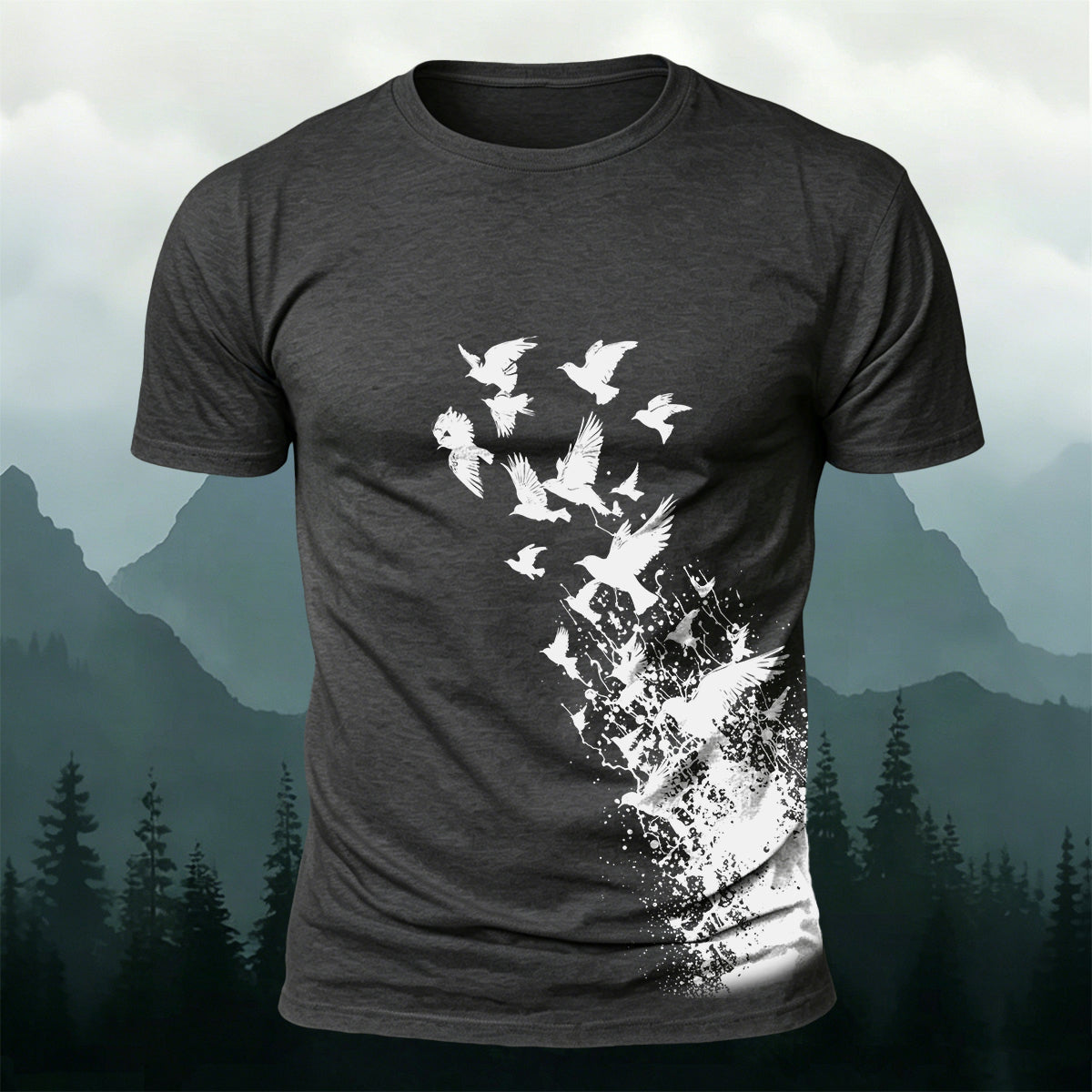 Flying Birds Print Casual 100% Cotton T-Shirt