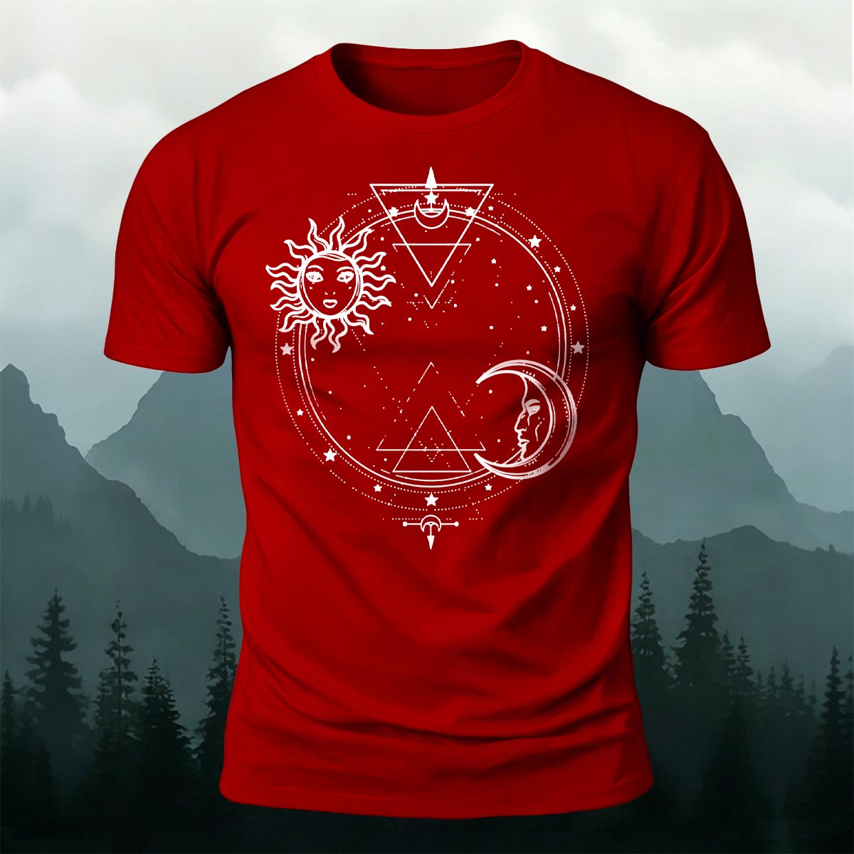Sun and Moon Print Casual Cotton T-Shirt Red