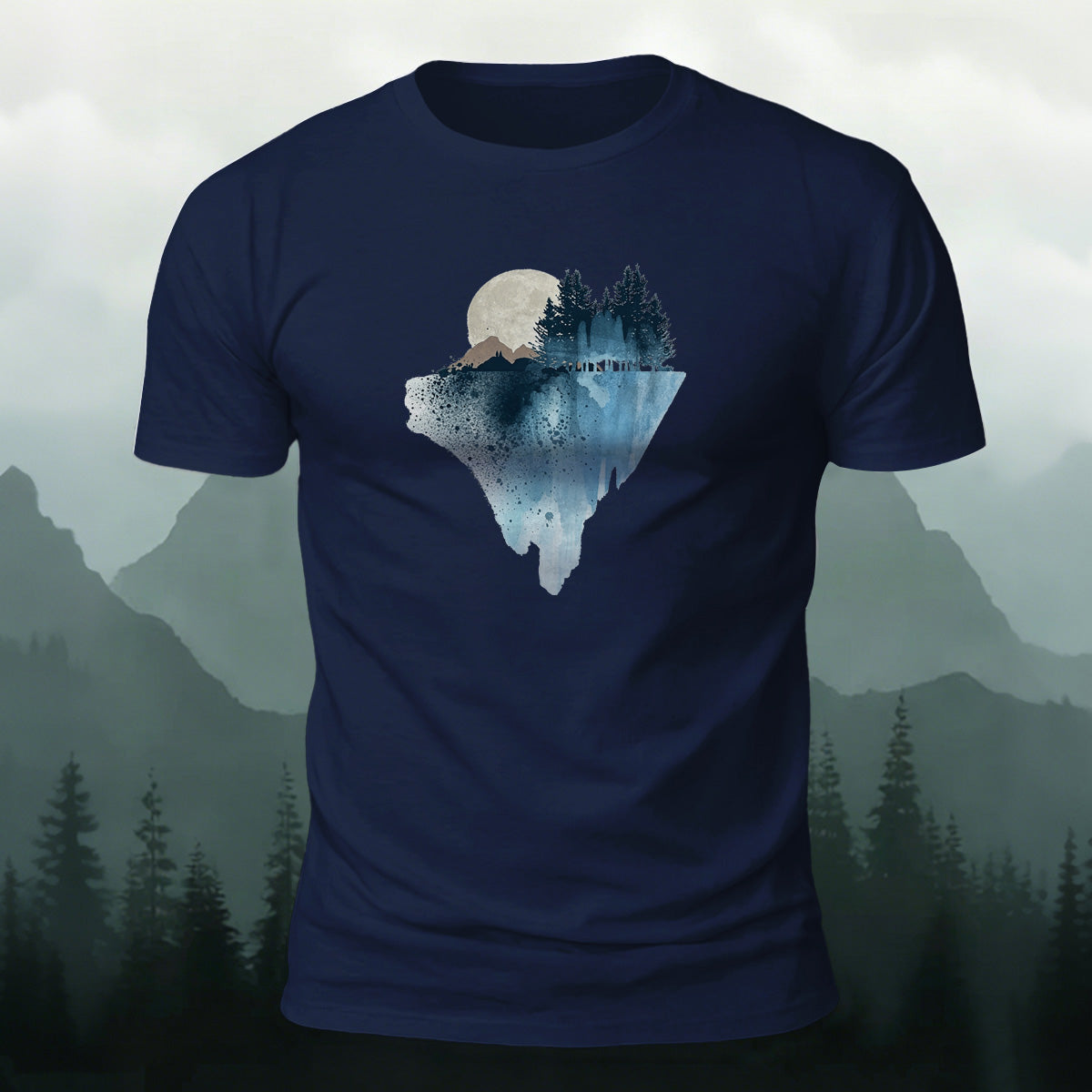 Natural Scenery Print Breathable Material Casual T-Shirt Navy