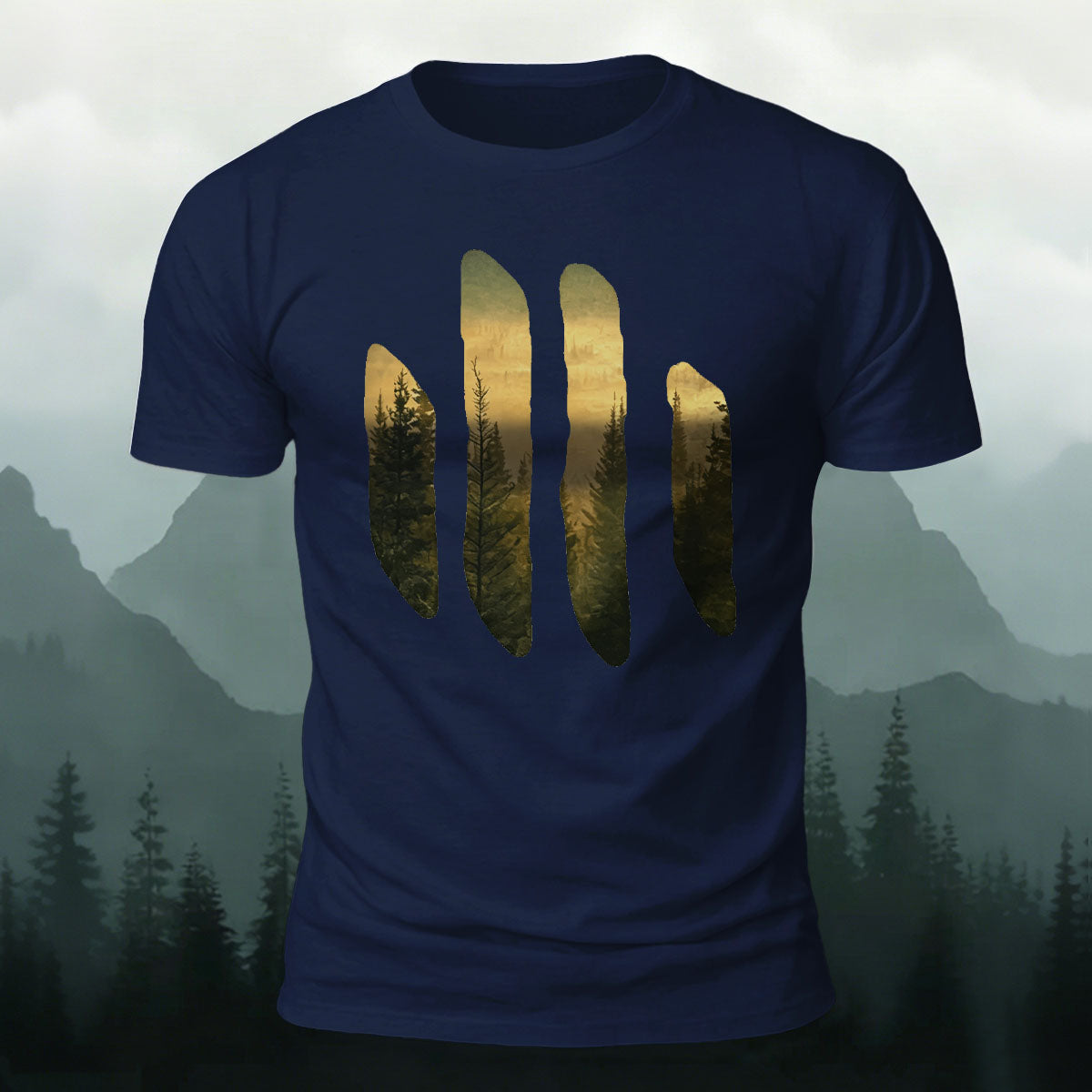 Beautiful Scenery Pattern Retro Casual Cotton T-Shirt Navy