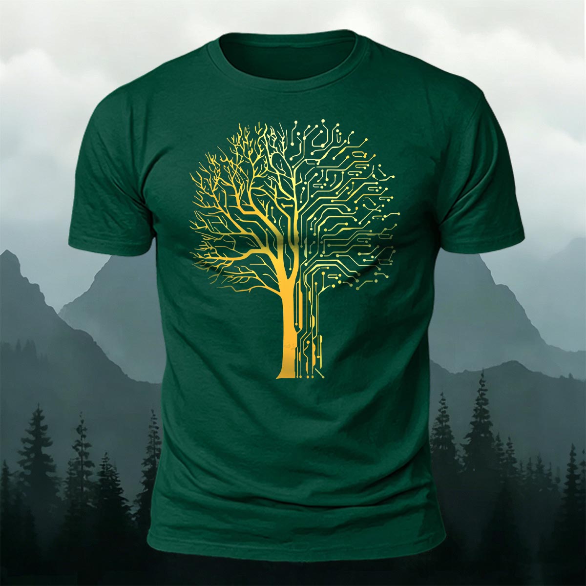 Tech-inspired tree print combed cotton T-shirt