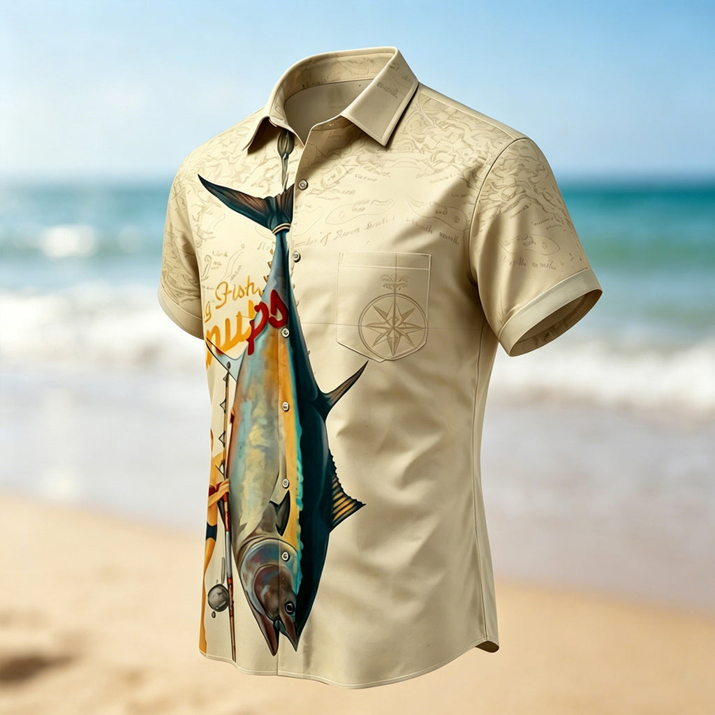 Retro Big Fish Pattern Print Short-Sleeve Shirt