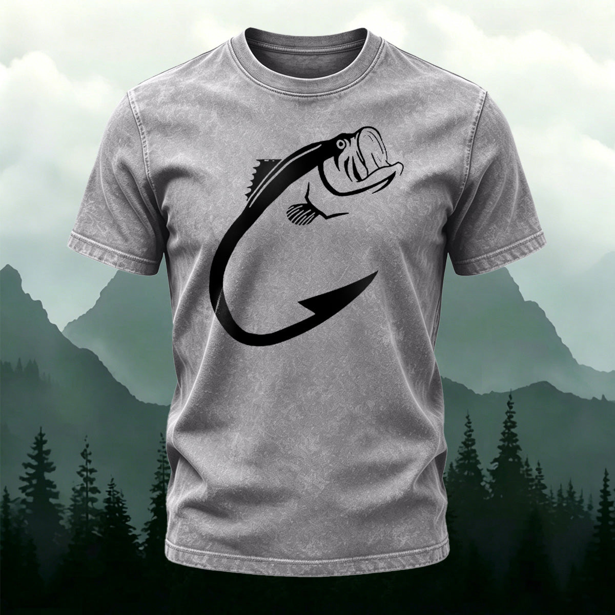 Minimalist Fish Pattern Outdoor Casual Washed Cotton T-Shirt Light Grey