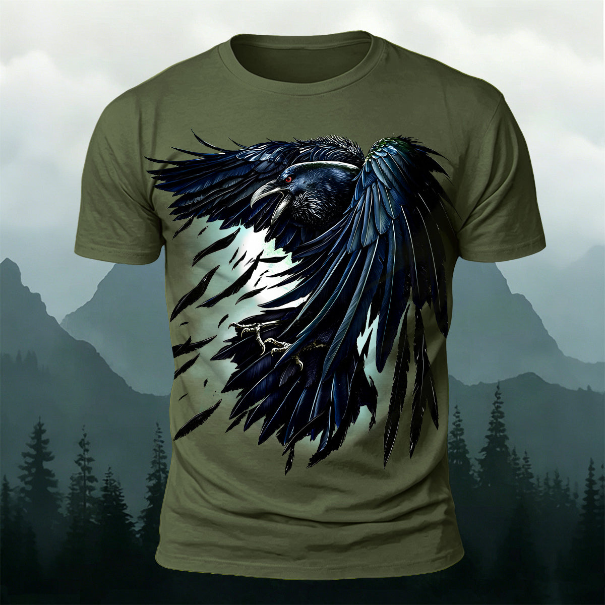 Retro Black Crow Feather Print Casual T-Shirt