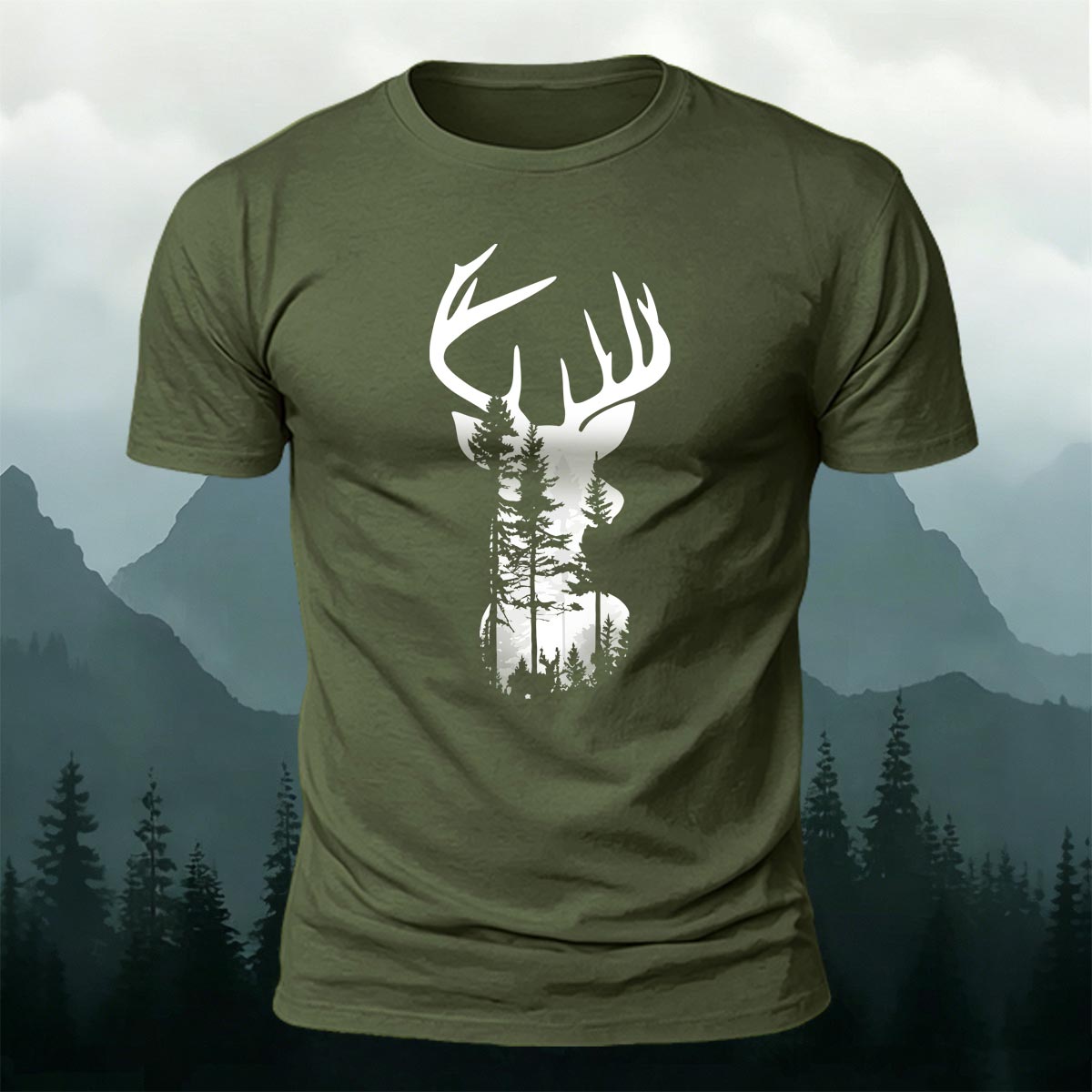 Moose Forest Print Natural Skin-Friendly T-Shirt