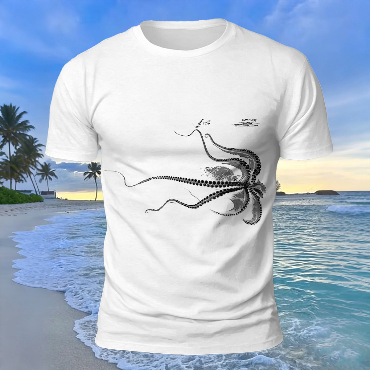Octopus Silhouette Print Casual Cotton T-Shirt
