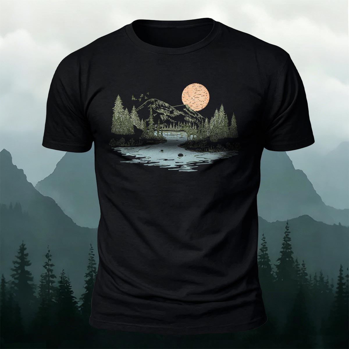 Sunrise Mountain Scenery Illustration Print Casual Cotton T-Shirt