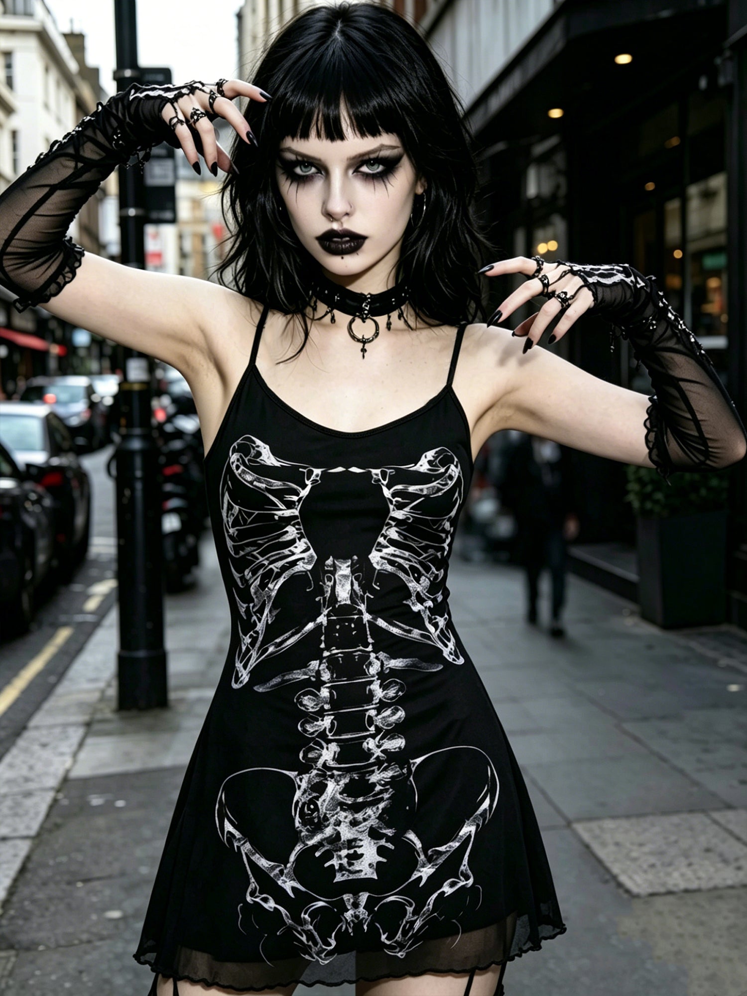 Dark-themed Skeleton-Print Bodycon Spaghetti-Strap Dress